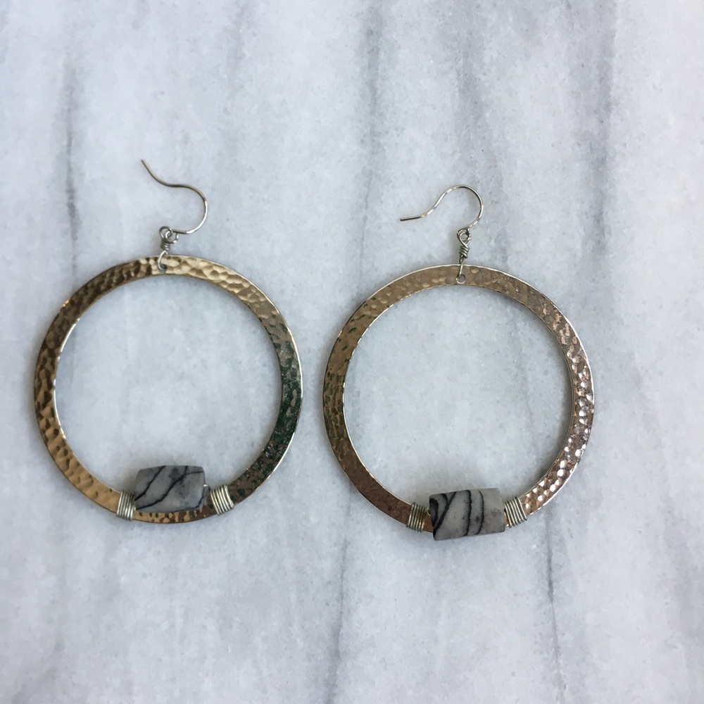Hammered Circle with Grey Stone Earrings